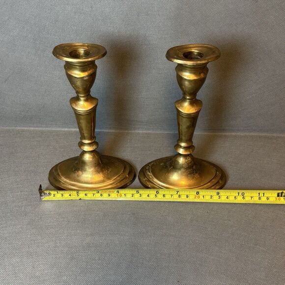 Antique Pair of Brass Candlestick Holders Primitive Metal Work Mantel Decor - Picture 8 of 8